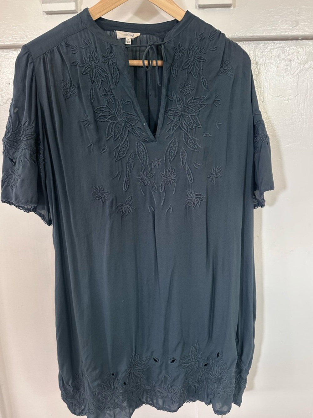 Wilfred Gray Embroidered V-Neck Tie Dress